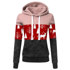 Women's Autumn and Winter New Christmas Print Color Matching Long-sleeved Hooded Drawstring Sweater