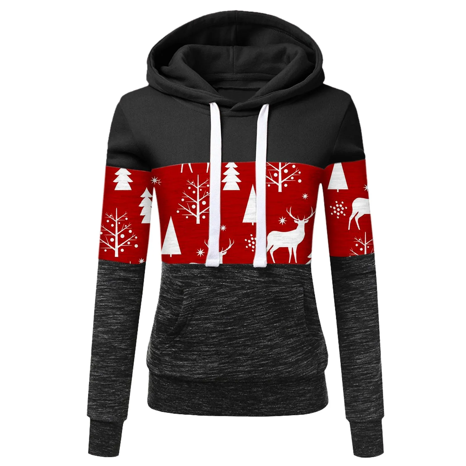 Women's Autumn and Winter New Christmas Print Color Matching Long-sleeved Hooded Drawstring Sweater