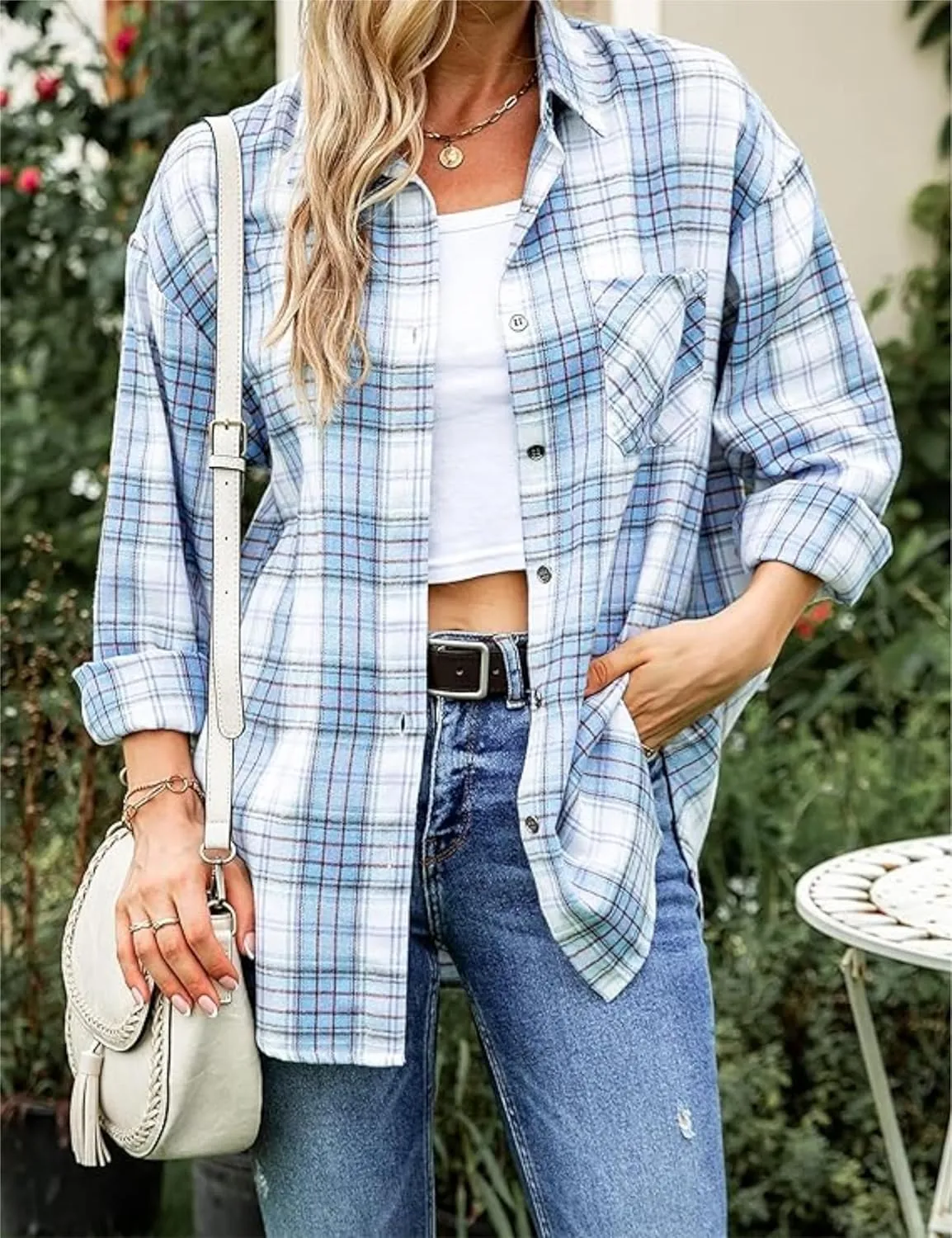 Womens Classic Plaid Shirt Long Sleeve Cotton Button Down Up Shirts Stylish Oversized Loose Fit Blouse V Neck Tops