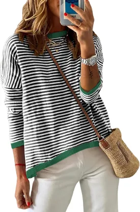 Womens Lightweight Cotton Sweaters Long Sleeve Crew Neck Color Block Striped Casual Knitted Pullover Tops