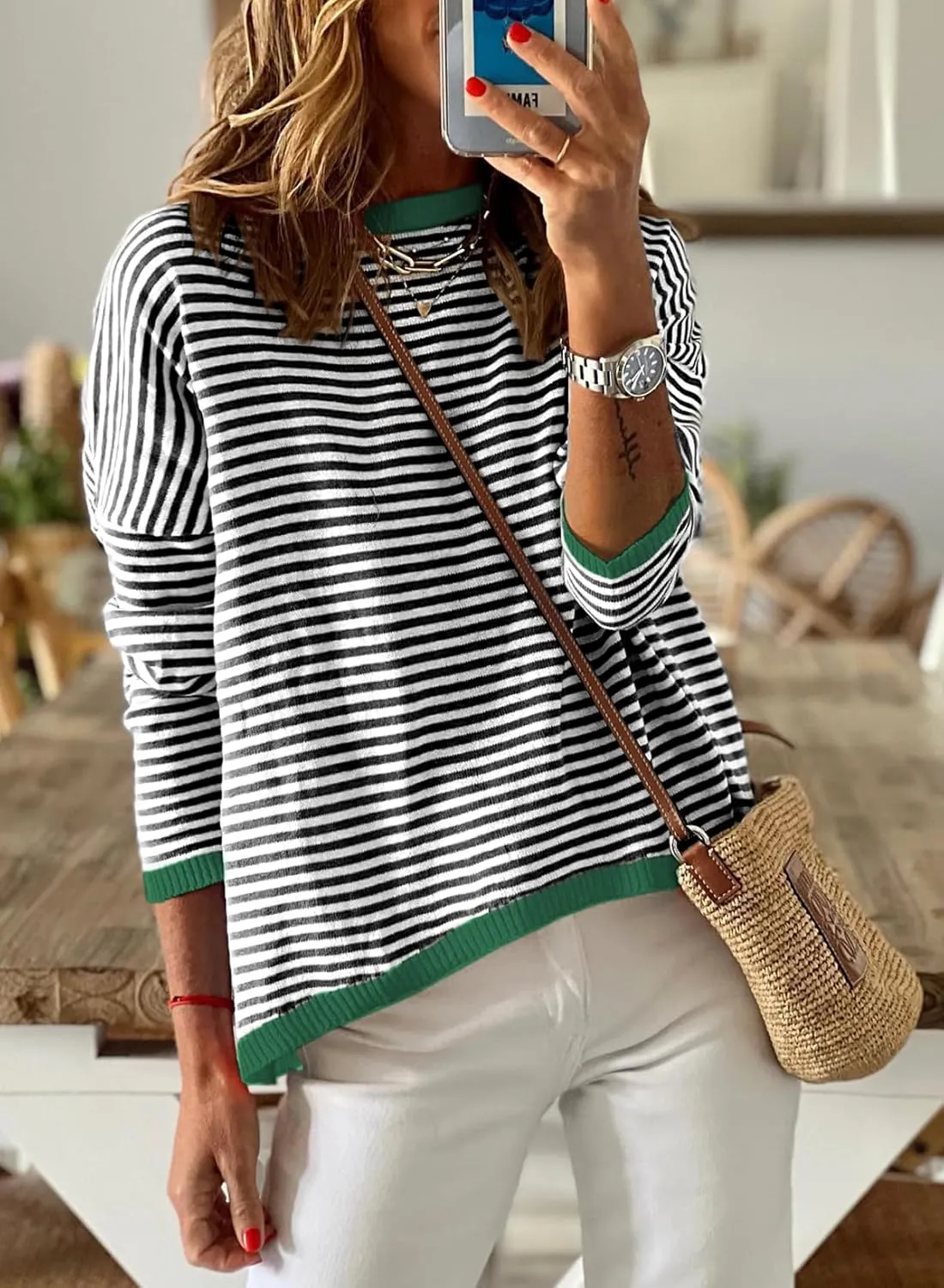 Womens Lightweight Cotton Sweaters Long Sleeve Crew Neck Color Block Striped Casual Knitted Pullover Tops