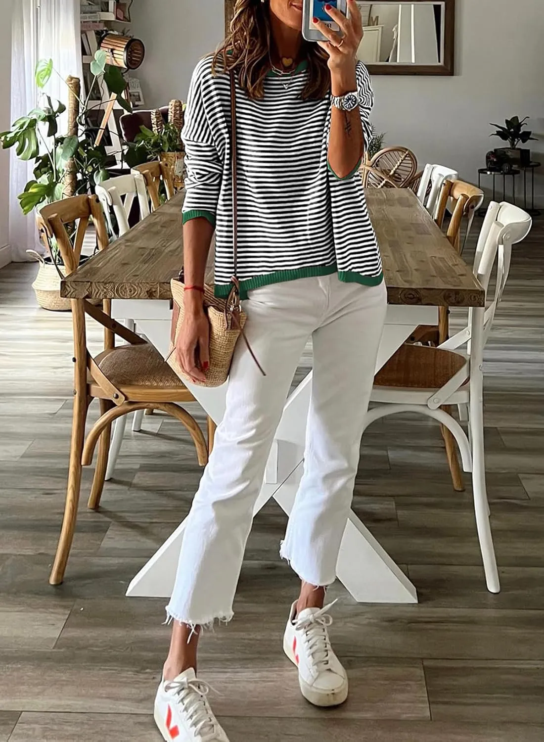 Womens Lightweight Cotton Sweaters Long Sleeve Crew Neck Color Block Striped Casual Knitted Pullover Tops