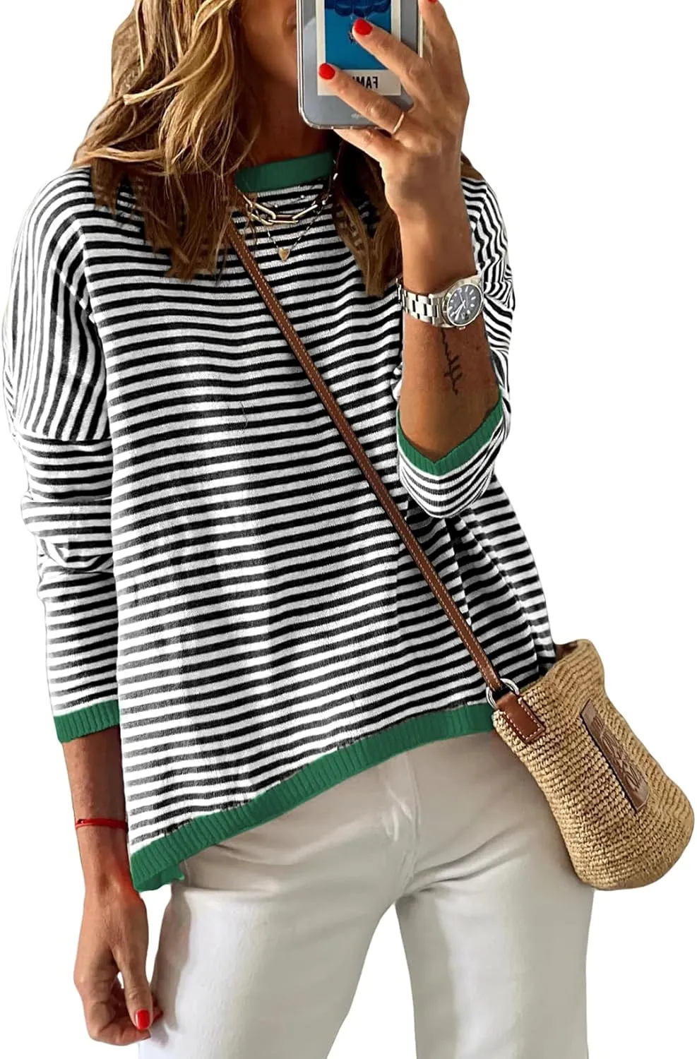 Womens Lightweight Cotton Sweaters Long Sleeve Crew Neck Color Block Striped Casual Knitted Pullover Tops