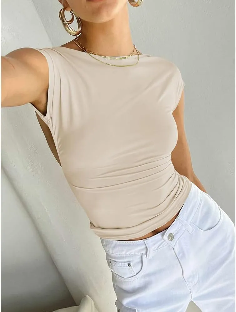 Women's Sexy Backless Top Y2K Short Sleeve T Shirts Casual Cute Crop Tops Summer