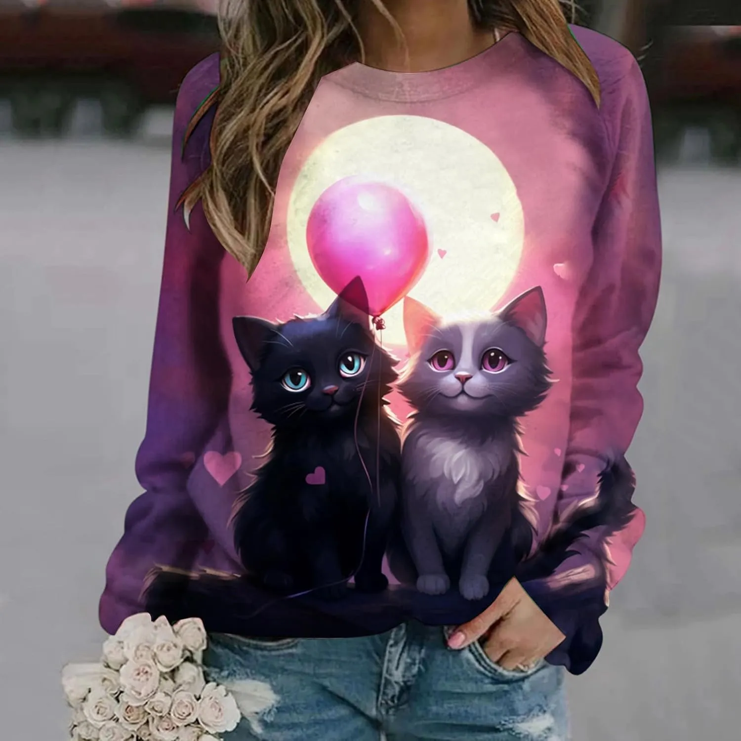 Womens Valentine's Day Sweatshirt Casual Love Heart Graphic Shirt Round Neck Pullover Cute Tops Long Sleeve Hoodie