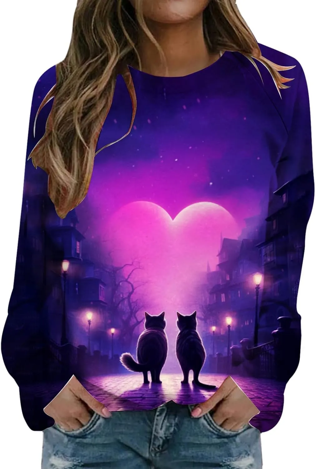 Womens Valentine's Day Sweatshirt Casual Love Heart Graphic Shirt Round Neck Pullover Cute Tops Long Sleeve Hoodie