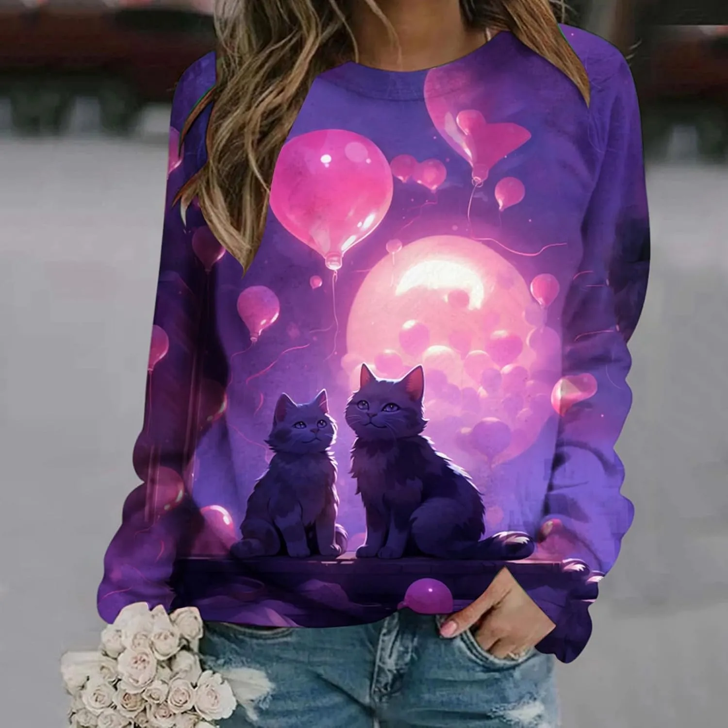 Womens Valentine's Day Sweatshirt Casual Love Heart Graphic Shirt Round Neck Pullover Cute Tops Long Sleeve Hoodie