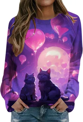 Womens Valentine's Day Sweatshirt Casual Love Heart Graphic Shirt Round Neck Pullover Cute Tops Long Sleeve Hoodie