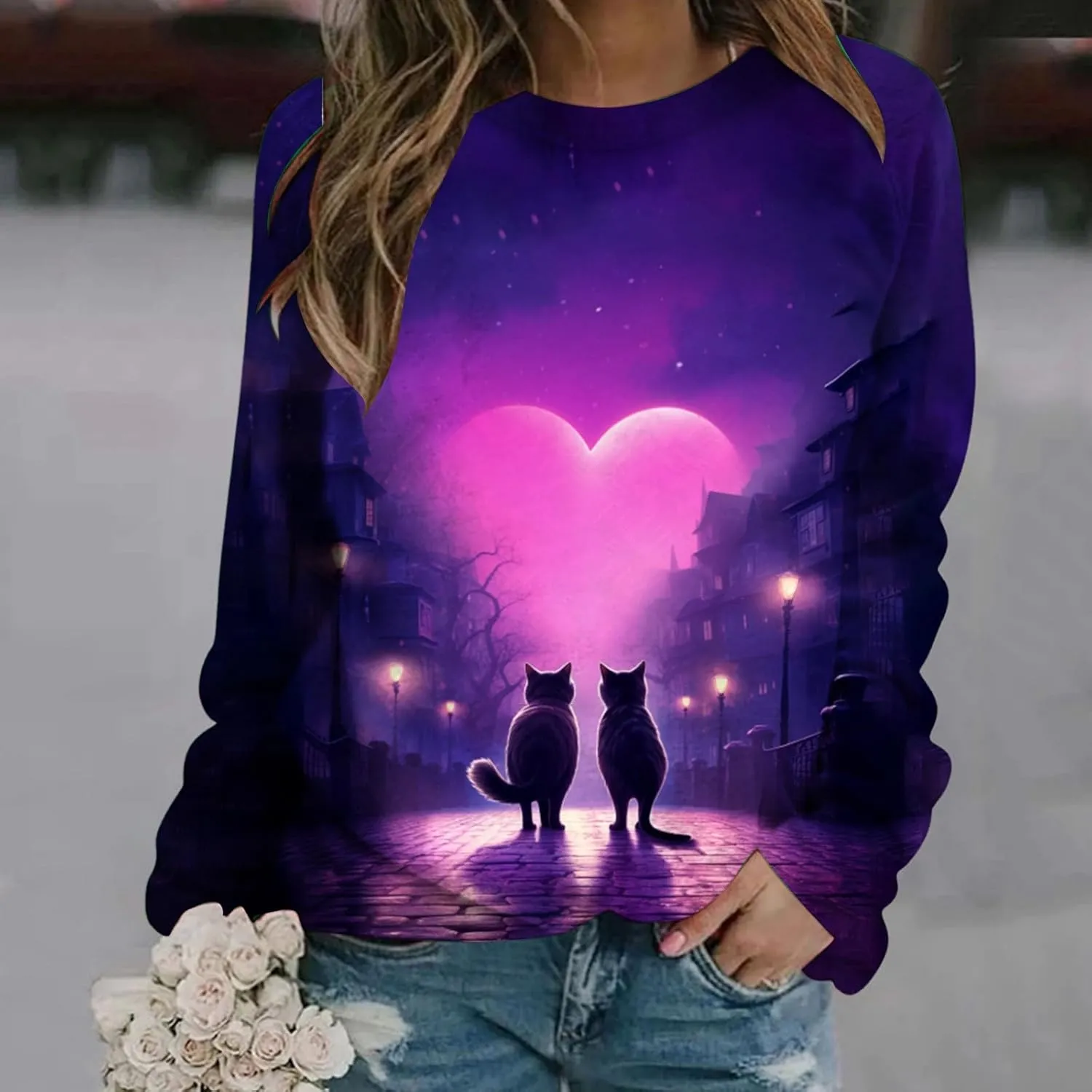 Womens Valentine's Day Sweatshirt Casual Love Heart Graphic Shirt Round Neck Pullover Cute Tops Long Sleeve Hoodie