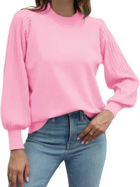 Ybenlow Women's 2024 Casual Crewneck Pleated Lantern Long Sleeve Pullover Sweater Loose Ribbed Knit Jumper Tops