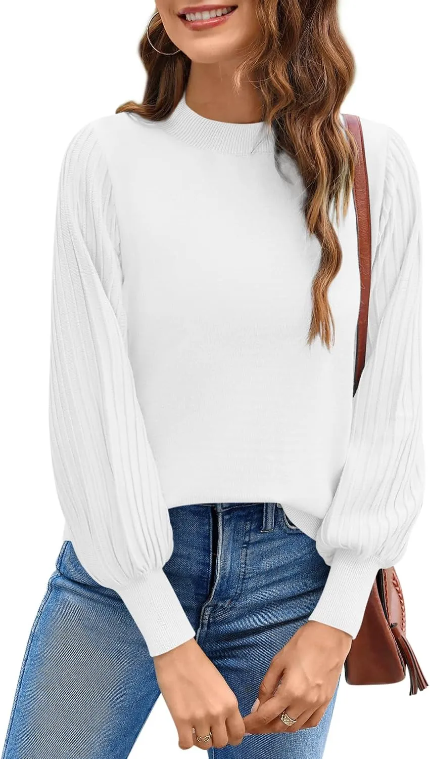 Ybenlow Women's 2024 Casual Crewneck Pleated Lantern Long Sleeve Pullover Sweater Loose Ribbed Knit Jumper Tops