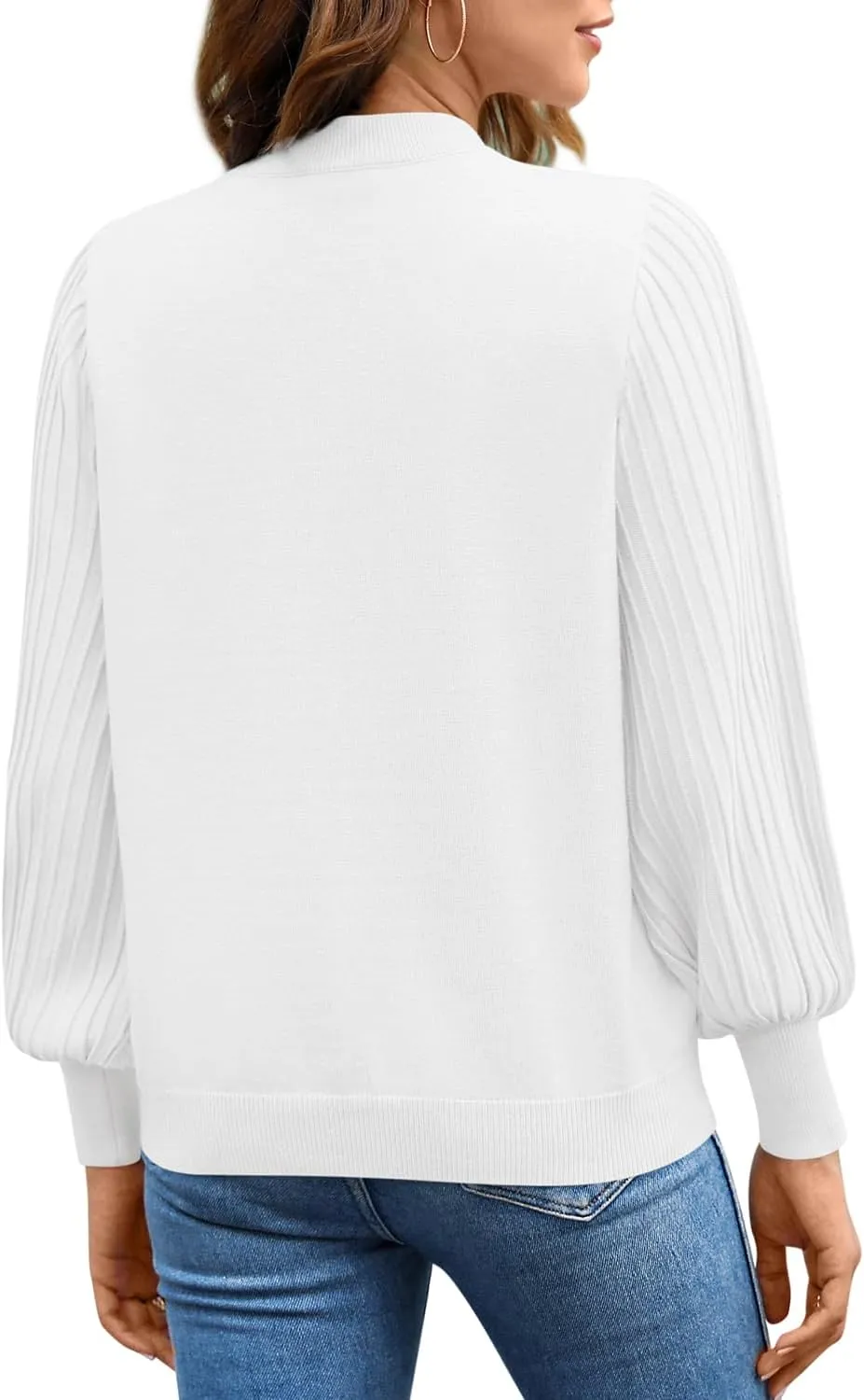 Ybenlow Women's 2024 Casual Crewneck Pleated Lantern Long Sleeve Pullover Sweater Loose Ribbed Knit Jumper Tops