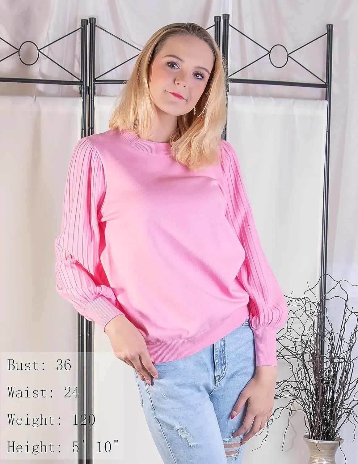 Ybenlow Women's 2024 Casual Crewneck Pleated Lantern Long Sleeve Pullover Sweater Loose Ribbed Knit Jumper Tops