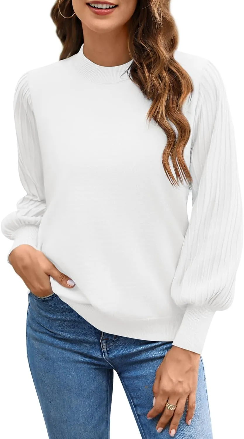Ybenlow Women's 2024 Casual Crewneck Pleated Lantern Long Sleeve Pullover Sweater Loose Ribbed Knit Jumper Tops