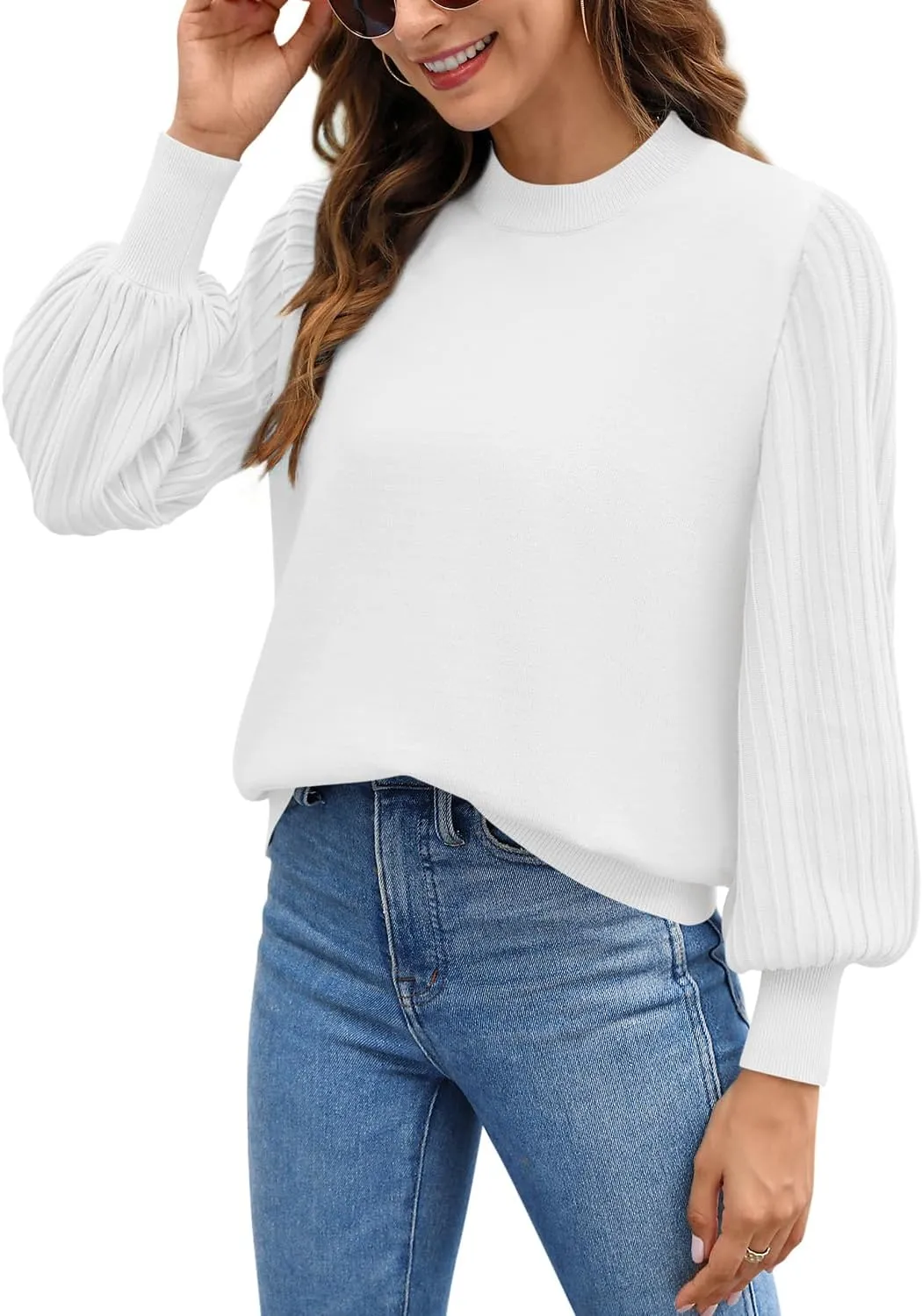 Ybenlow Women's 2024 Casual Crewneck Pleated Lantern Long Sleeve Pullover Sweater Loose Ribbed Knit Jumper Tops