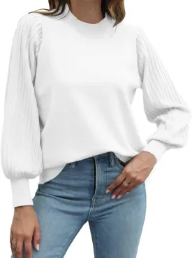 Ybenlow Women's 2024 Casual Crewneck Pleated Lantern Long Sleeve Pullover Sweater Loose Ribbed Knit Jumper Tops