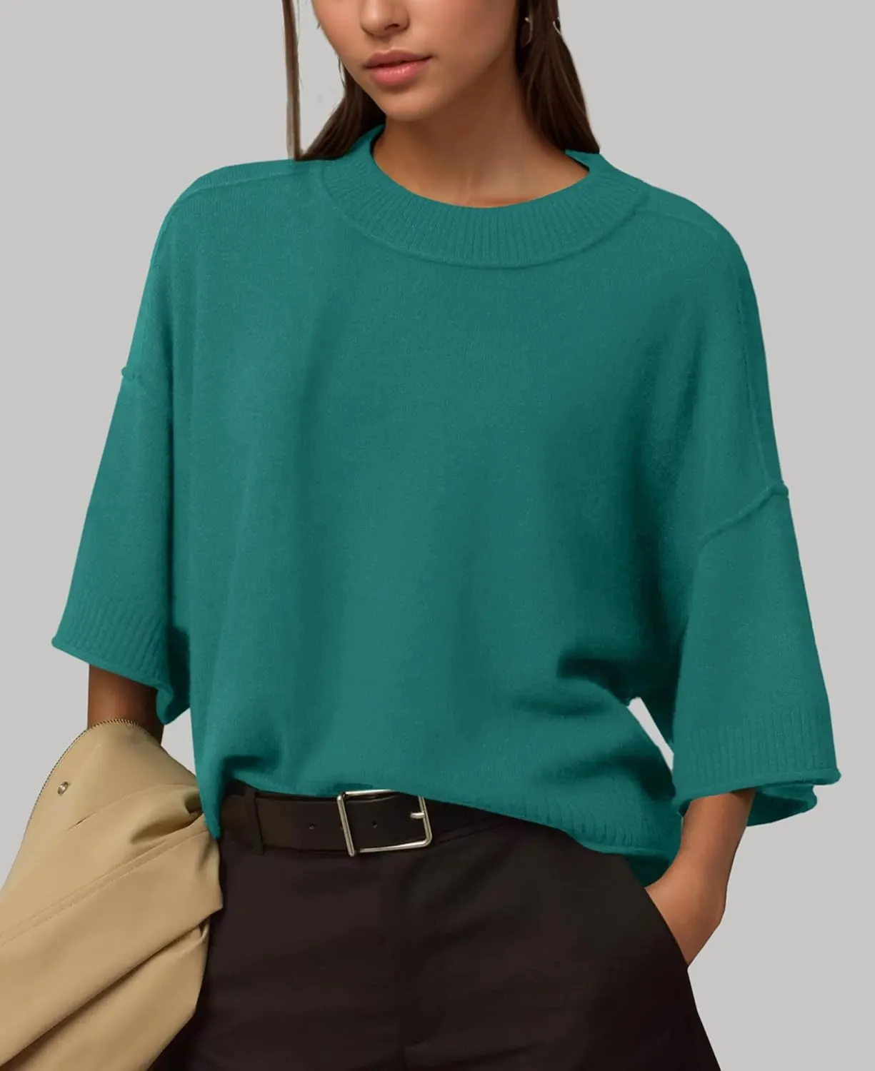 ZDC Women's Oversized Sweaters Summer 3/4 Sleeve Casual Cropped Tops Lightweight Loose Fit Knit Pullover