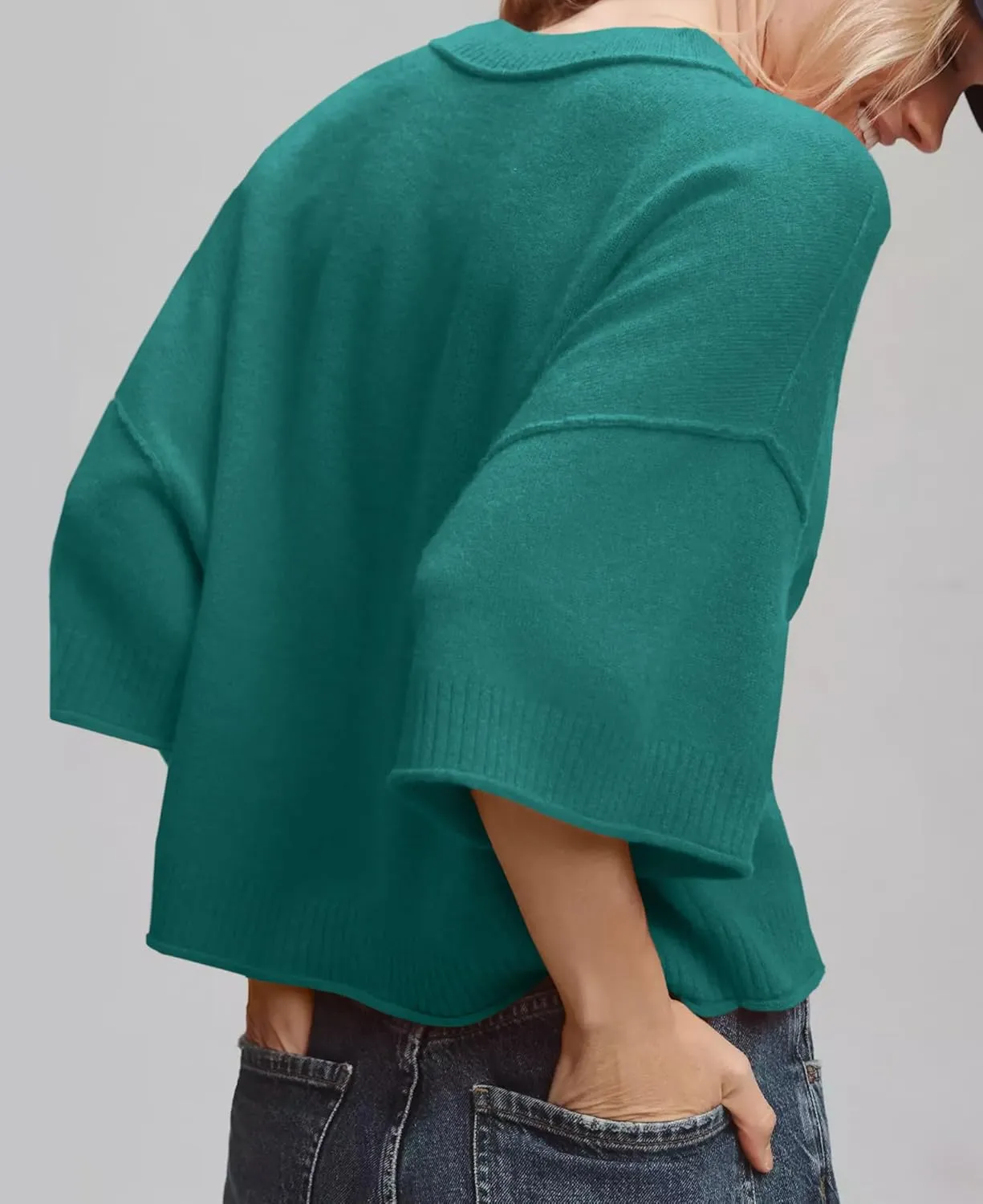 ZDC Women's Oversized Sweaters Summer 3/4 Sleeve Casual Cropped Tops Lightweight Loose Fit Knit Pullover