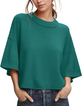 ZDC Women's Oversized Sweaters Summer 3/4 Sleeve Casual Cropped Tops Lightweight Loose Fit Knit Pullover