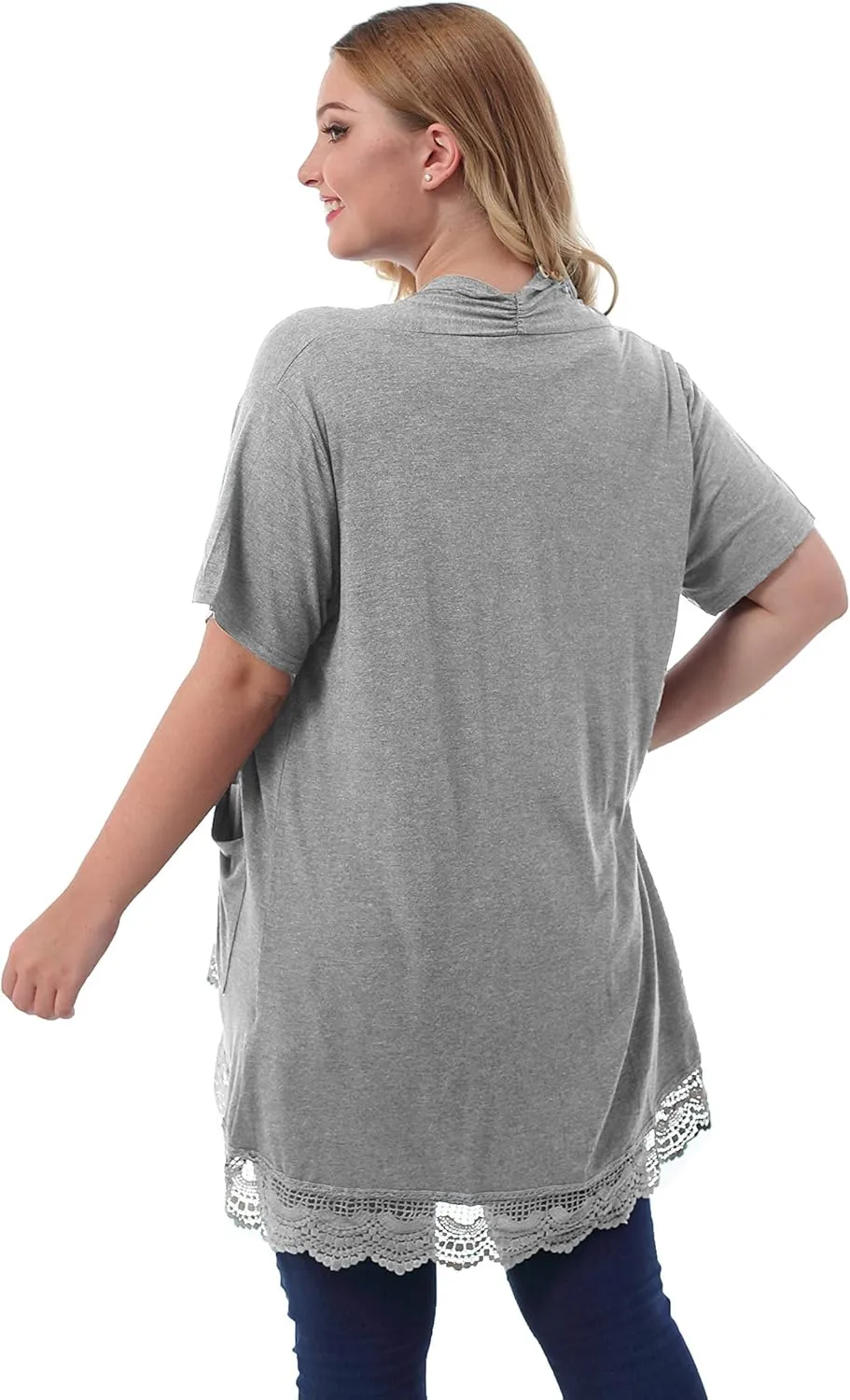 ZERDOCEAN Women's Plus Size Short Sleeve Lace Trim Lightweight Printed Drape Cardigan with Pockets