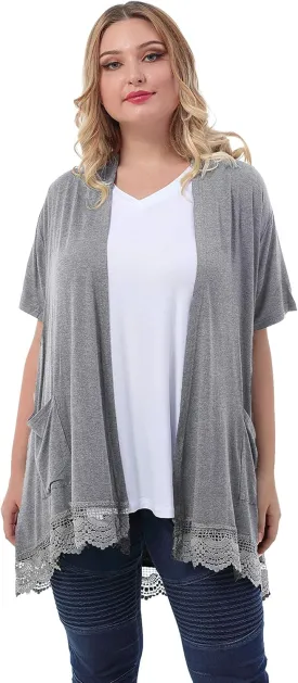 ZERDOCEAN Women's Plus Size Short Sleeve Lace Trim Lightweight Printed Drape Cardigan with Pockets